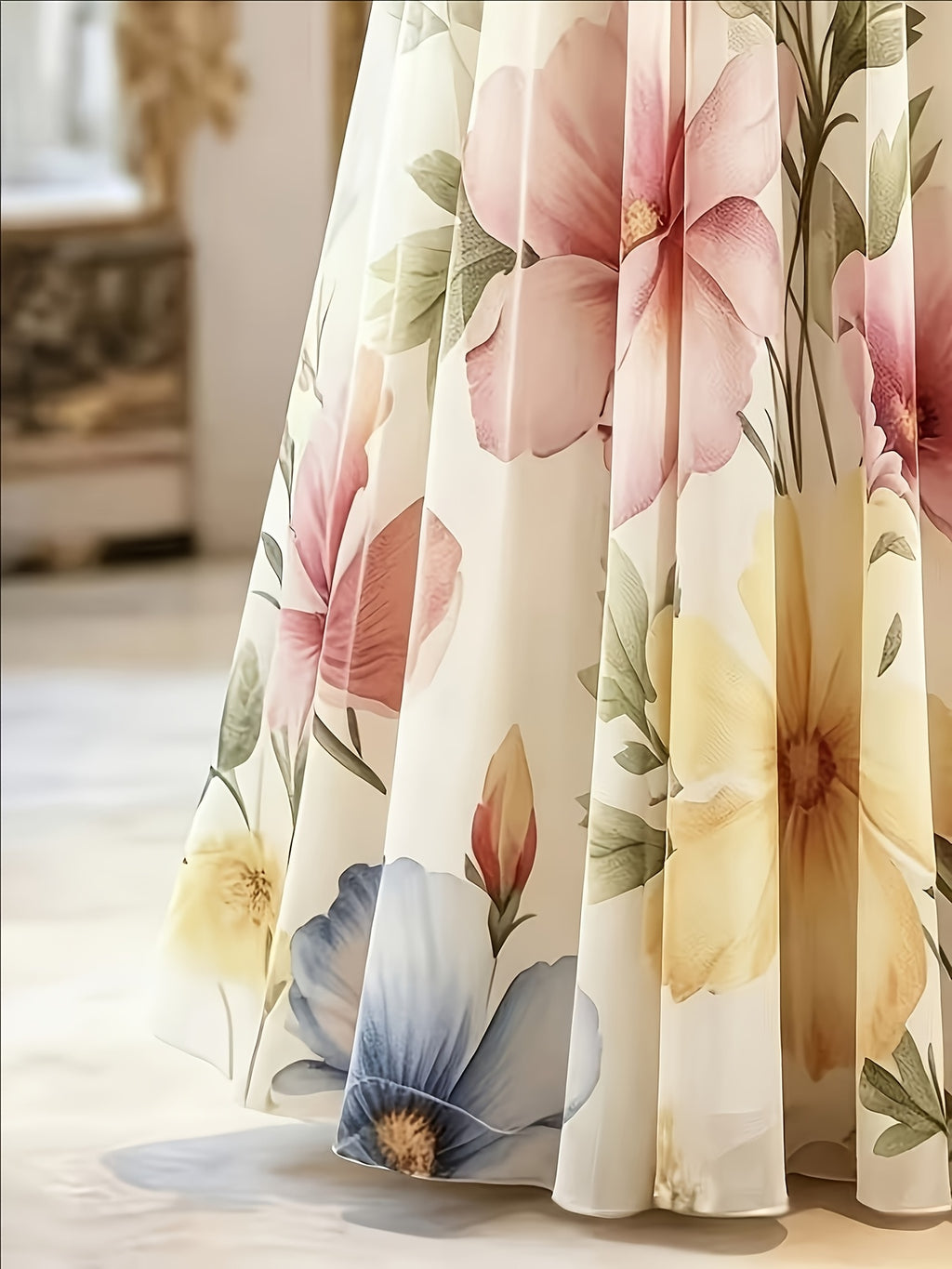 Elegant Printed Half Skirt for Women, Long Mesh Skirt - Beige