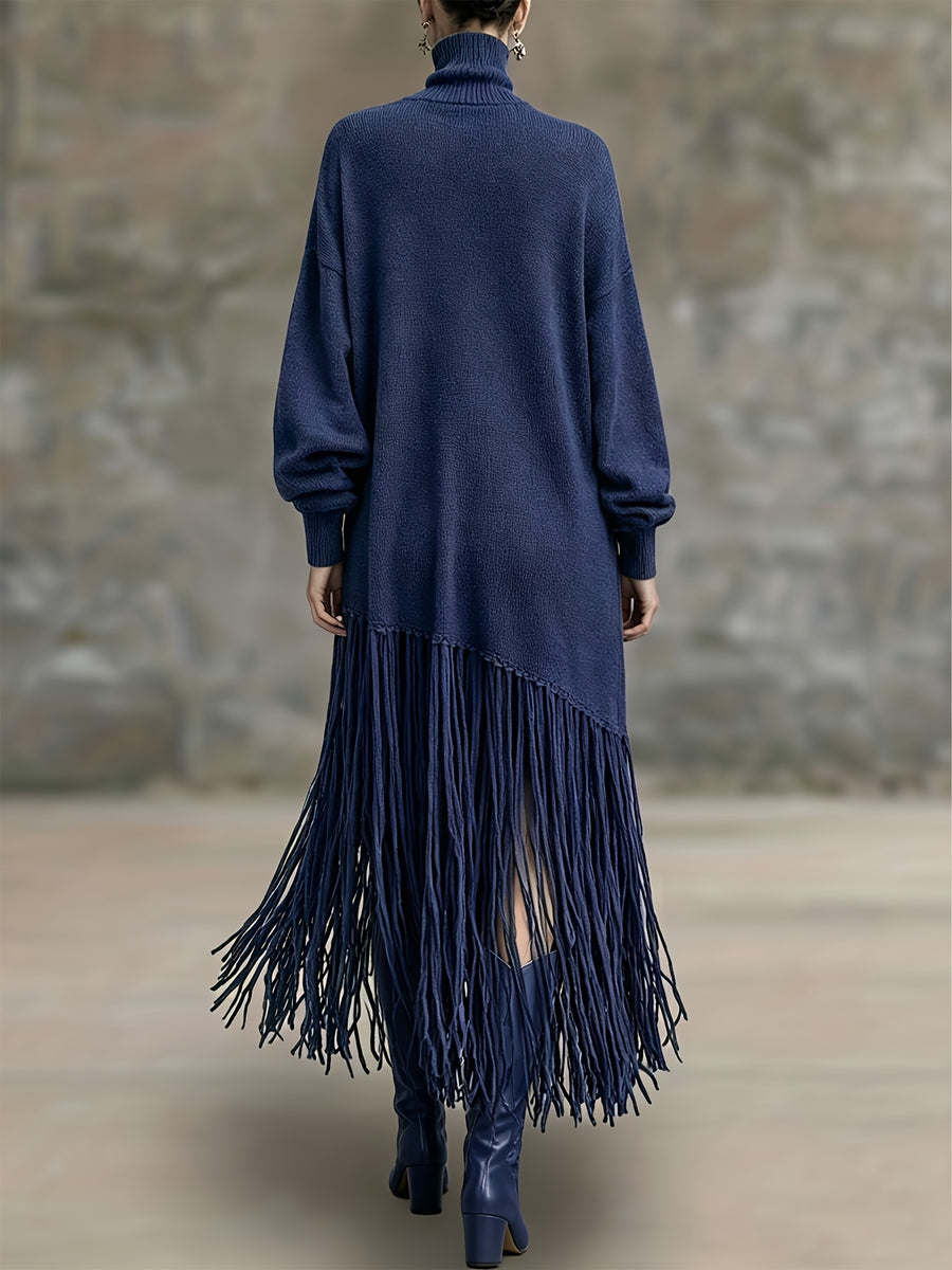 Women's Autumn New Arrival Bohemian Elegant Fringe Patchwork Hem Design St. Patrick's Day Natural Style Easter Atmosphere Vacation Knee-Length Dress - Navy Color