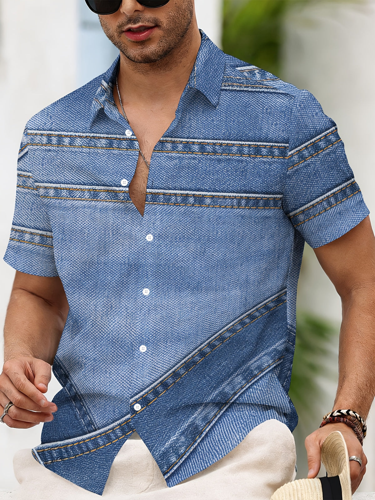 Print Design - Non-Textured 2D Printing Faux Denim Style Men'S Casual Shirt, Print Faux Denim Pattern with Summer Stitch Detailing - Mixed colors