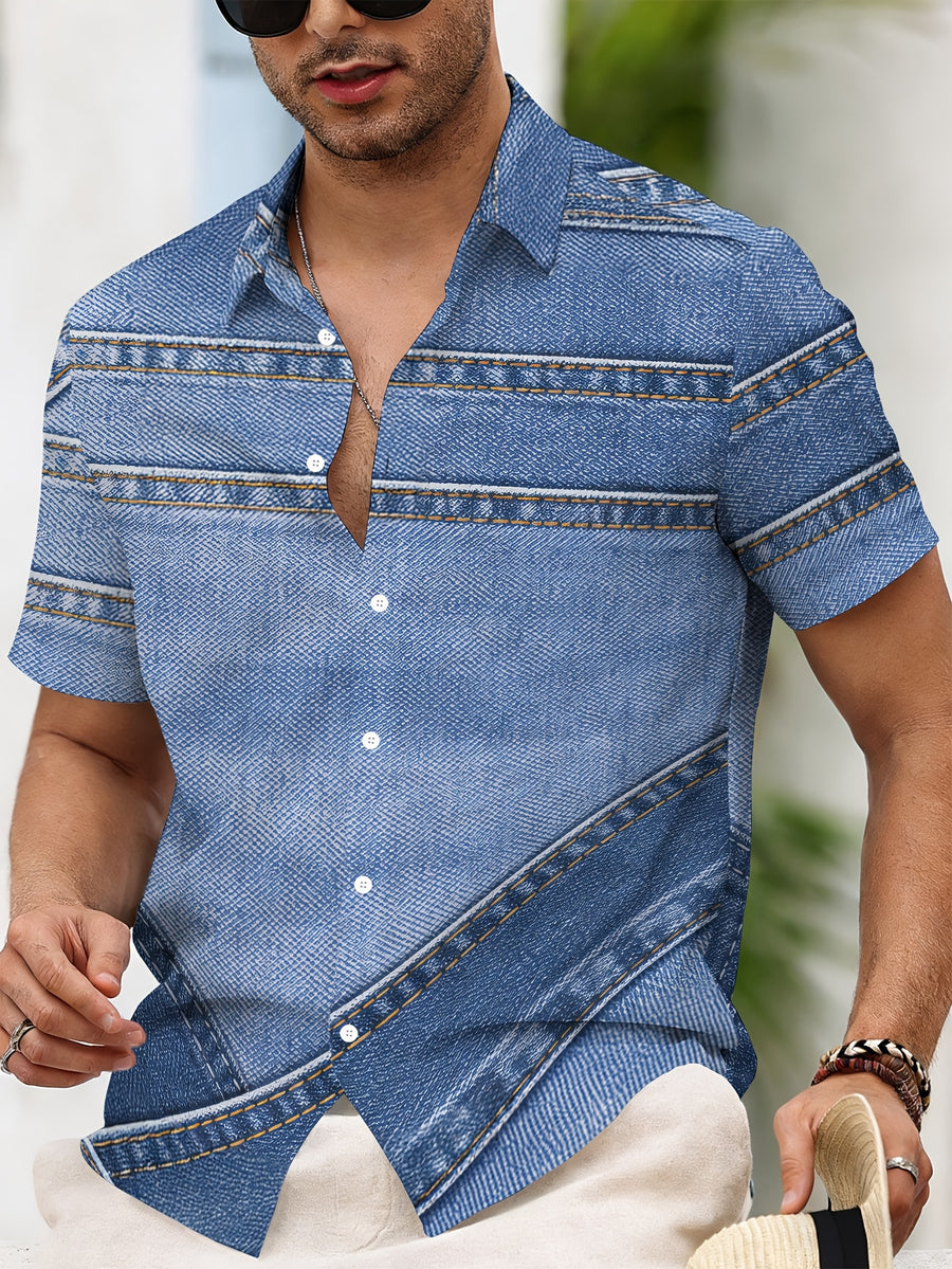 Print Design - Non-Textured 2D Printing Faux Denim Style Men'S Casual Shirt, Print Faux Denim Pattern with Summer Stitch Detailing - Mixed colors