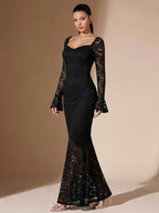 Women'S Elegant Lace Sheer Square Neck Backless Fitted Mermaid Black Long Dress, Party Elegant Evening Dress Women'S Birthday Dress - Black