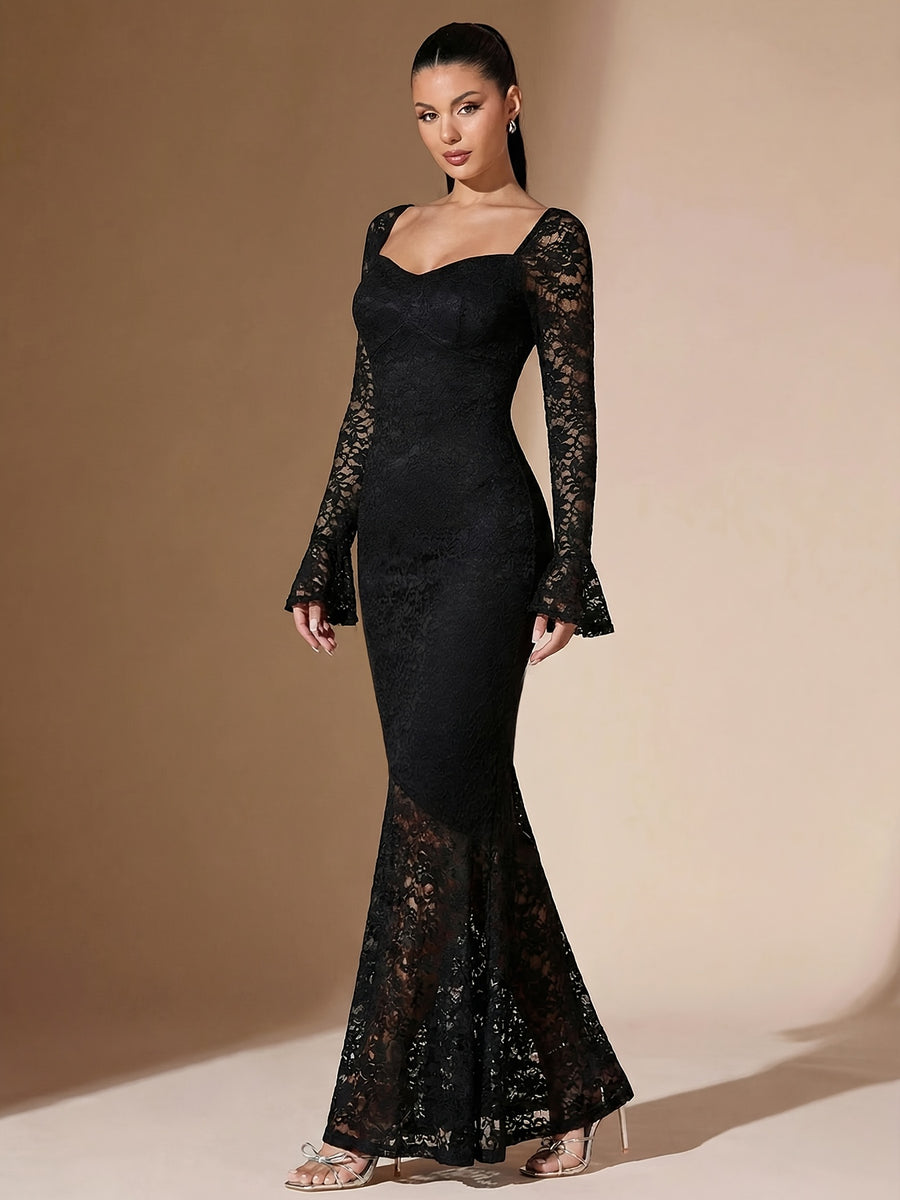 Women'S Elegant Lace Sheer Square Neck Backless Fitted Mermaid Black Long Dress, Party Elegant Evening Dress Women'S Birthday Dress - Black