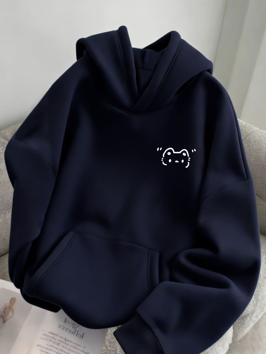 Women's Spring, Autumn, Winter -Lined Loose Hooded Sweatshirt - Korean Style Fashion, Niche, Minimalist, Age-Reducing, Versatile,, Daily Casual, Energetic, Soft and Cute,, Cartoon-Style Adorable Kitten Print Top - Navy Color