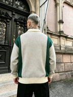 Men's Green & White Contrast Button-Up Lapel Polo Sweater - Textured Knit Loose Fit Sweater Suitable for Commuting, Parties, Casual Streetwear | Hand Washable Fall Winter Warmth, Collegiate Style Button Collar Top - Light Grey