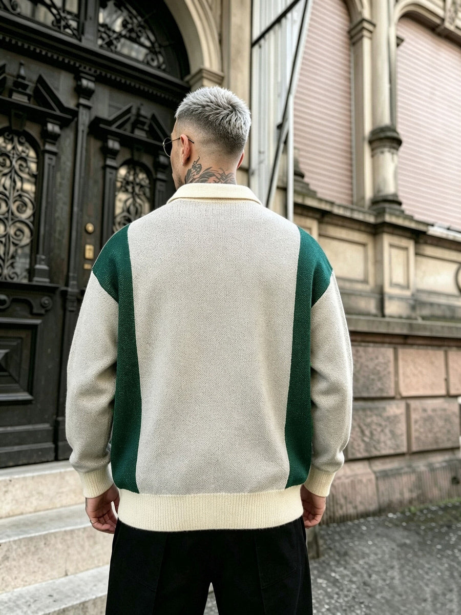 Men's Green & White Contrast Button-Up Lapel Polo Sweater - Textured Knit Loose Fit Sweater Suitable for Commuting, Parties, Casual Streetwear | Hand Washable Fall Winter Warmth, Collegiate Style Button Collar Top - Light Grey