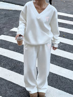 2pcs Women Bow Decor V-Neck Oversized Loose Sweatshirt And Sweatpants Set, Casual - White+White