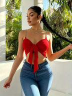 Women Front Tie Knot Sweetheart Crop Cami Top, Golden Chain Thin Straps Sleeveless Backless Going Out Club Tank Top, No Bra Pads - Red