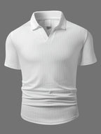 Men's High-End Vertical Stripe Knit Polo Shirt, White Slim Fit Short Sleeve, Textured Light Luxury Fabric, Mature Business Casual Style, Summer Exquisite Lapel Top - White