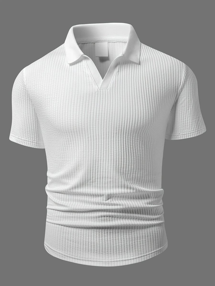 Men's High-End Vertical Stripe Knit Polo Shirt, White Slim Fit Short Sleeve, Textured Light Luxury Fabric, Mature Business Casual Style, Summer Exquisite Lapel Top - White
