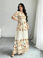 Women'S Floral And Geometric Digital Print A-Line Dress with a Round Neck And Short Sleeves, a Fitted Dress for Spring And Summer, Elegant Evening Gown for Women - Apricot