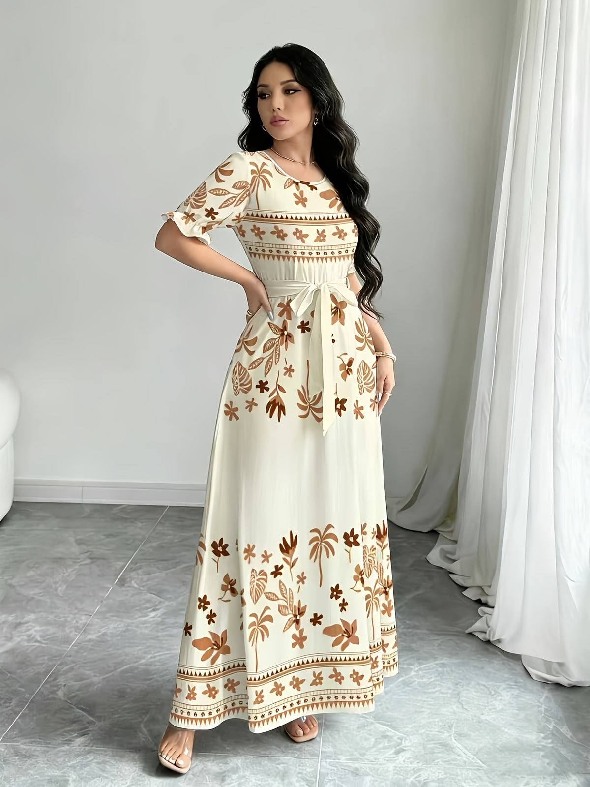Women'S Floral And Geometric Digital Print A-Line Dress with a Round Neck And Short Sleeves, a Fitted Dress for Spring And Summer, Elegant Evening Gown for Women - Apricot