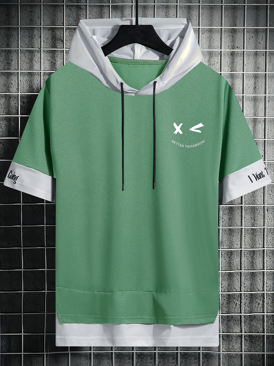 Men'S Color-Block Contrast Hooded Short Sleeve T-Shirt, English Letter Print, Short Sleeve Faux Two-Piece Streetwear, Trendy Fashion Versatile Street Casual Hong Kong Style Outfit, Casual Leisure All-Match T-Shirt, Suitable for Summer - Light Green