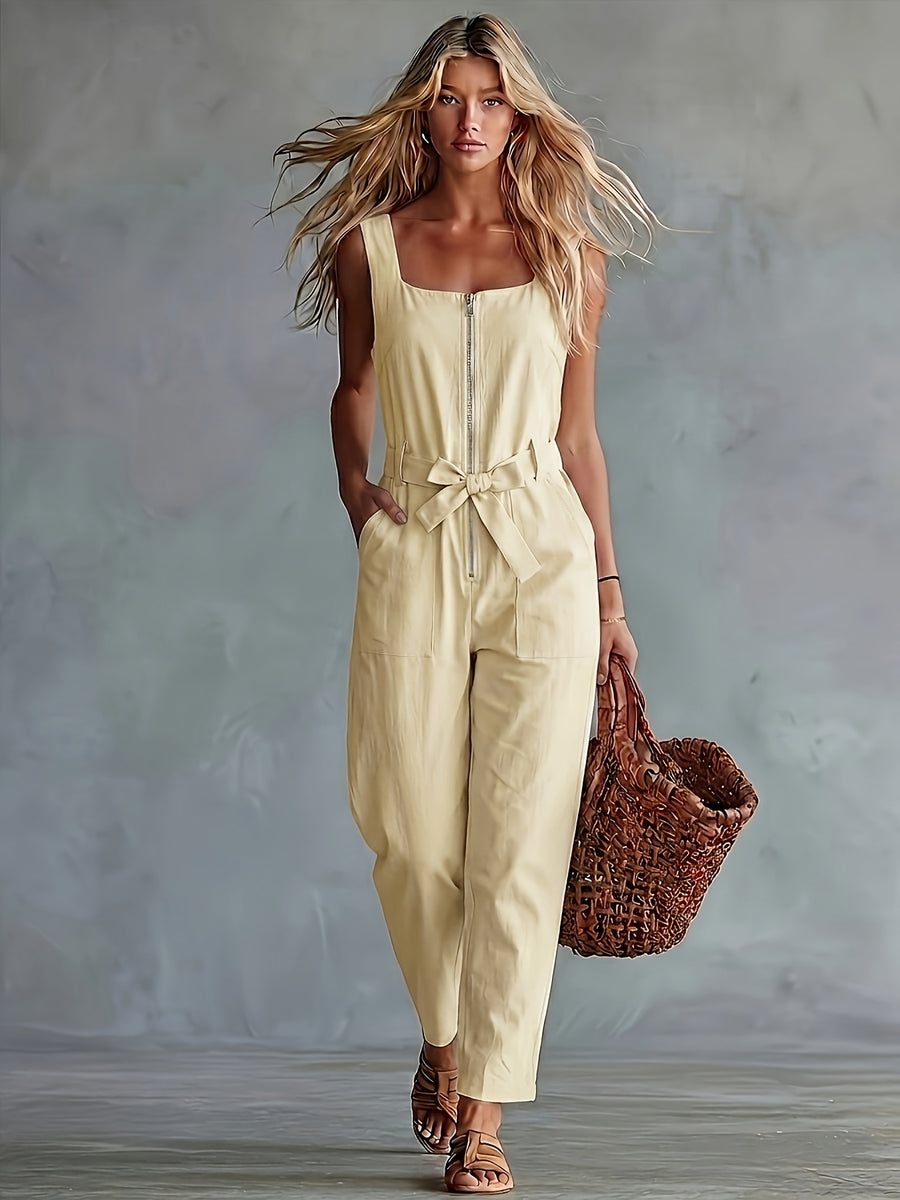 Women'S Retro Western Style Comfortable Loose Fit, Pocket Decor Sleeveless Jumpsuit, Suitable for Spring/Summer Outings And Parties, Easy Elegant Wear - Yellow