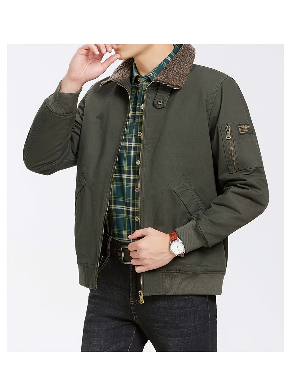 Men'S Lamb Workwear Jacket Spring Autumn Winter New Multi-Pocket Outdoor Casual Coat - fern green