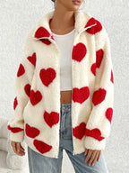 Women'S Winter Coat - Red Heart Print Fleece Jacket, Long Sleeve Zippered Coat, Machine Washable for Casual And Formal Occasions, Women'S Warm Winter Wear - Multicolor