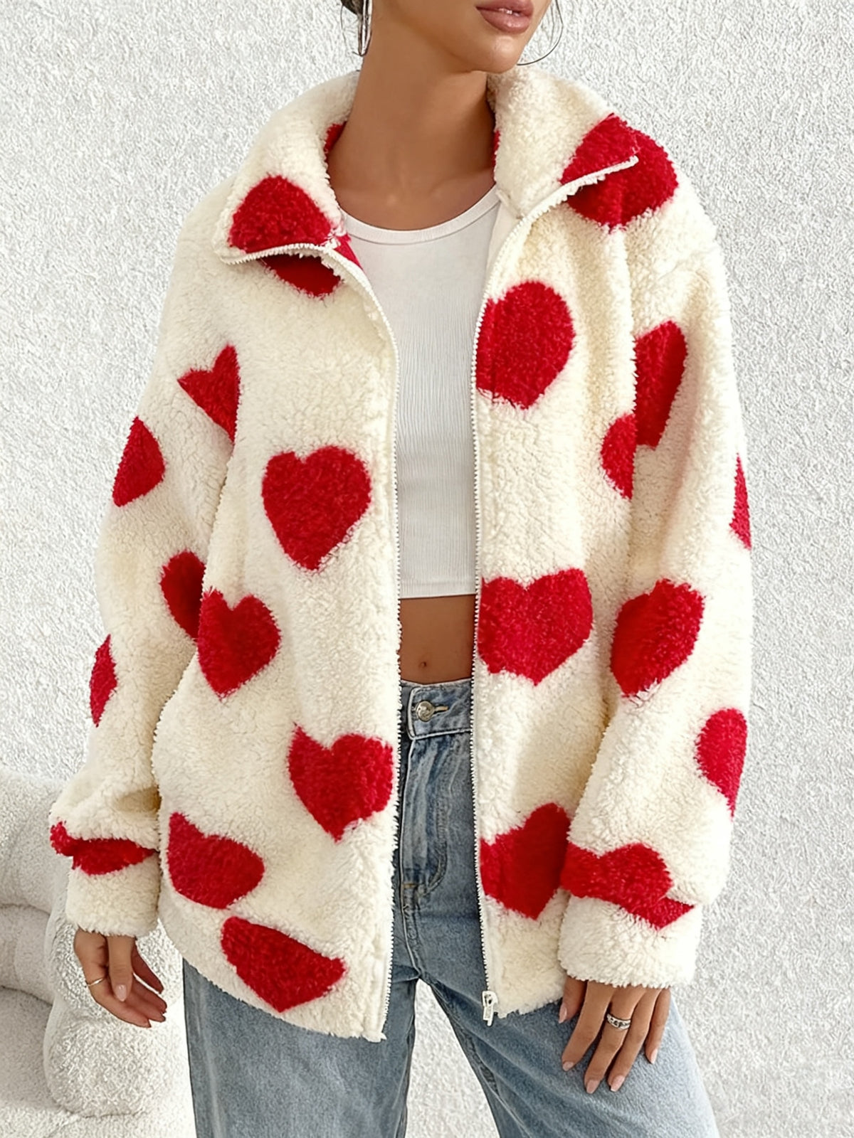 Women'S Winter Coat - Red Heart Print Fleece Jacket, Long Sleeve Zippered Coat, Machine Washable for Casual And Formal Occasions, Women'S Warm Winter Wear - Multicolor