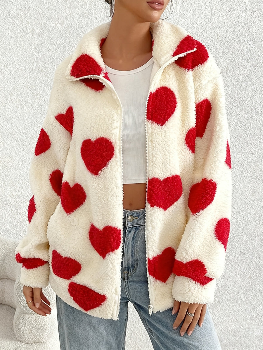 Women'S Winter Coat - Red Heart Print Fleece Jacket, Long Sleeve Zippered Coat, Machine Washable for Casual And Formal Occasions, Women'S Warm Winter Wear - Multicolor