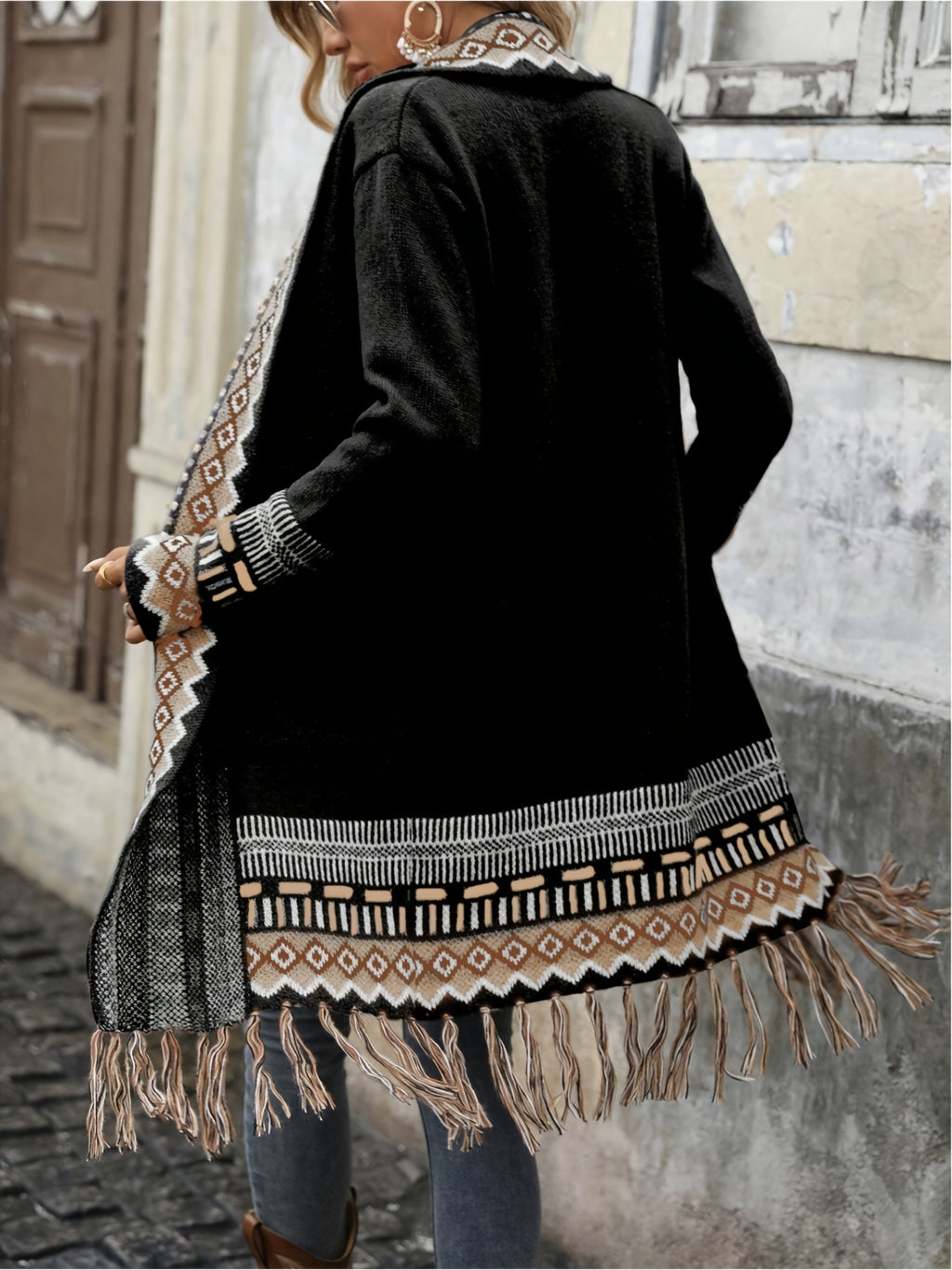 25th Anniversary Sweater Holiday Style New Arrival, Four Seasons Versatile Women's Clothing, Contrast Color Geometric Pattern with Hem Tassel Design, Long Elegant Long Sleeve Cardigan Coat - Black