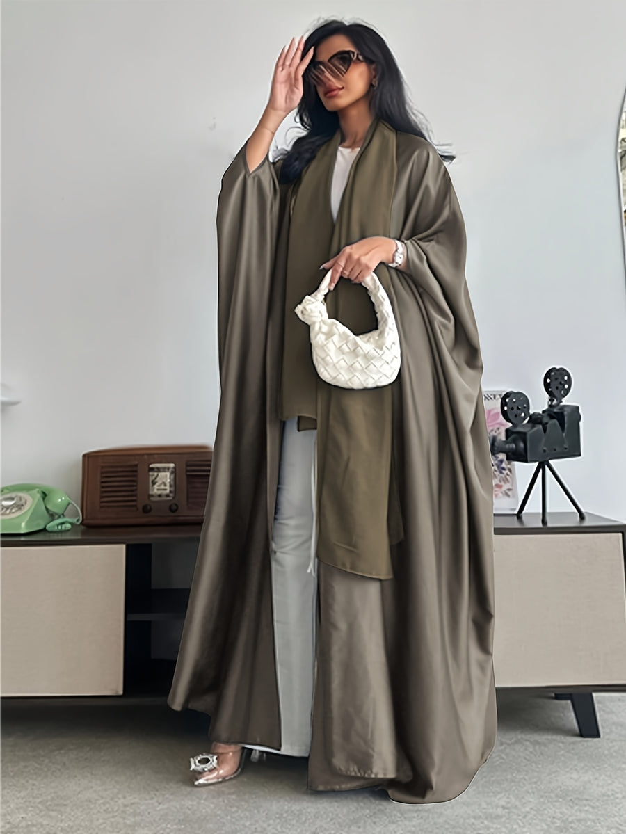 Middle Eastern Muslim Solid Color Loose Robe with Batwing Sleeves, Long Dubai Cardigan with Headscarf - Coffee Color