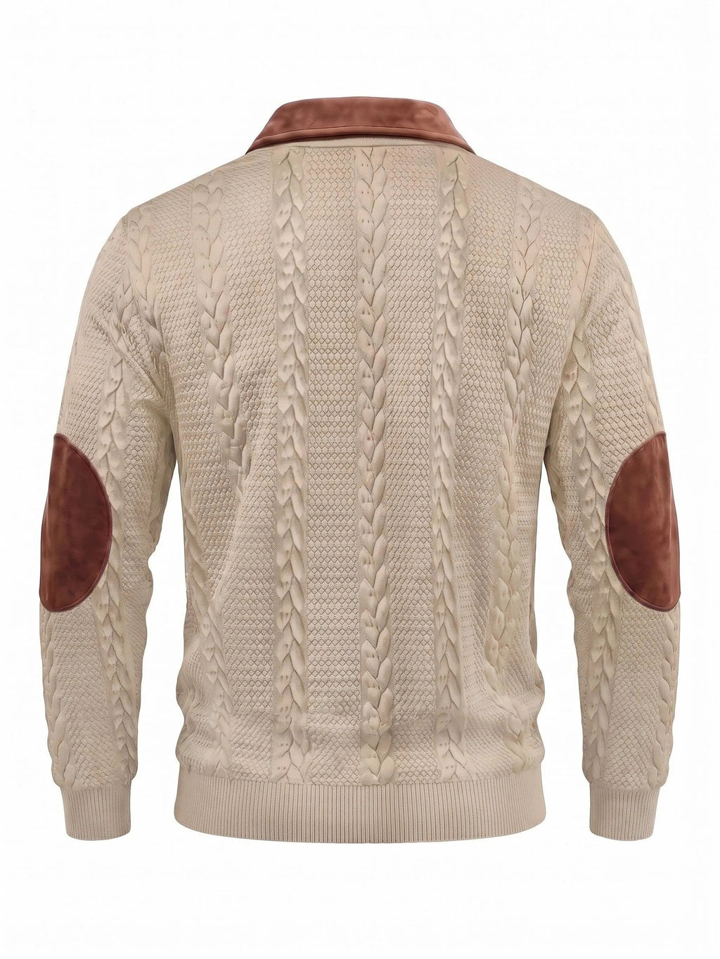 New Men's Autumn/Winter Brushed Ribbed Cable Knit Casual Color-Block Jacquard Long Sleeve Patchwork Plush Sport Henley High-Neck Top - Khaki