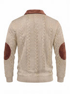 New Men's Autumn/Winter Brushed Ribbed Cable Knit Casual Color-Block Jacquard Long Sleeve Patchwork Plush Sport Henley High-Neck Top - Khaki