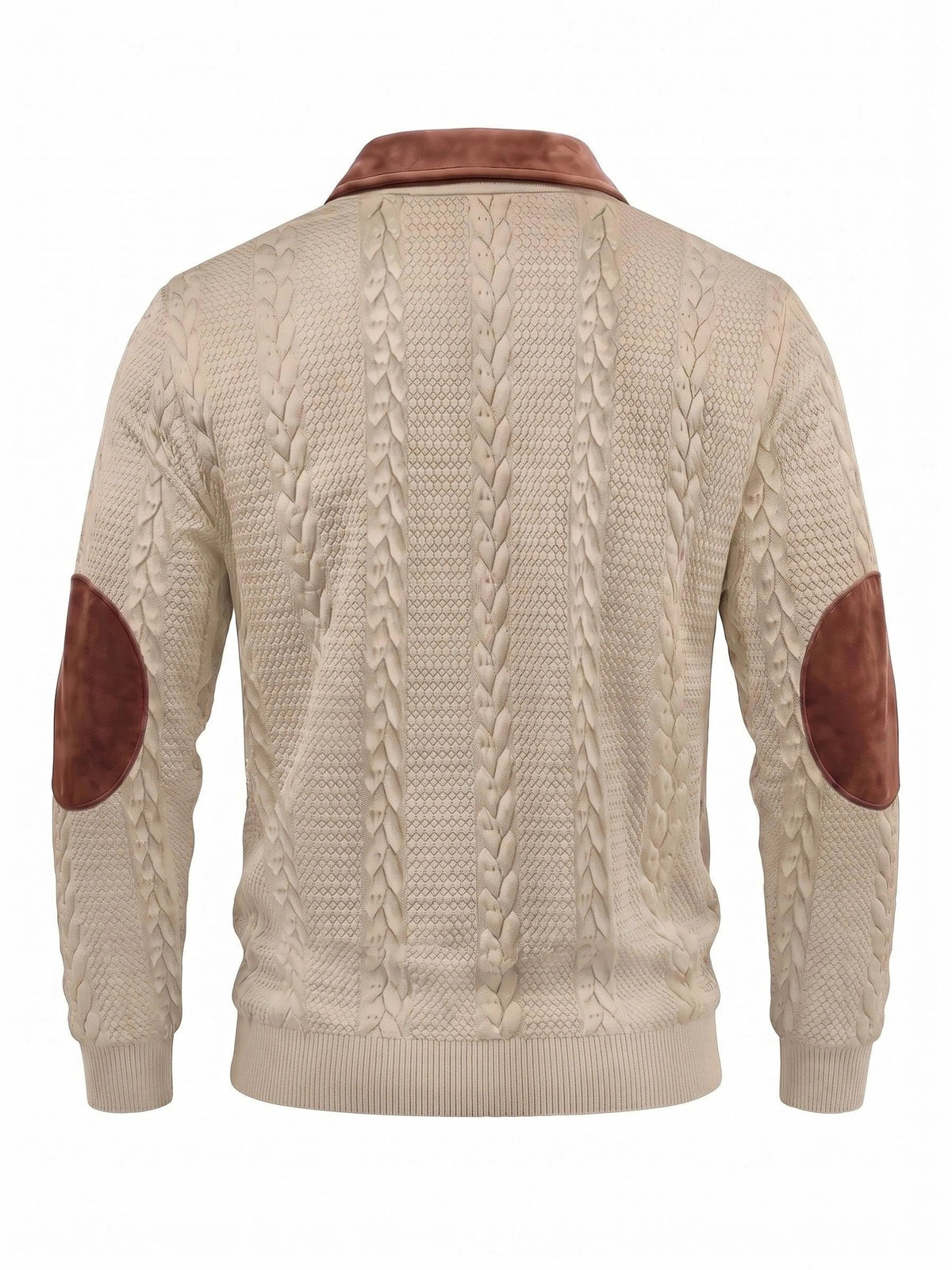New Men's Autumn/Winter Brushed Ribbed Cable Knit Casual Color-Block Jacquard Long Sleeve Patchwork Plush Sport Henley High-Neck Top - Khaki