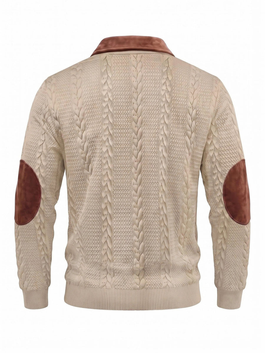 New Men's Autumn/Winter Brushed Ribbed Cable Knit Casual Color-Block Jacquard Long Sleeve Patchwork Plush Sport Henley High-Neck Top - Khaki