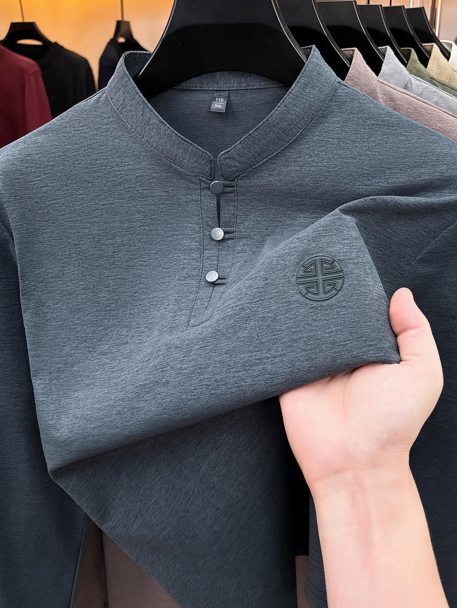 Spring/Autumn New Arrival Access Control Three-Button Chinese Hero Ancient Style Long Sleeve Stand Collar Men's T-Shirt, Stylish Casual Thin Novelty Men's Top, Refreshing Quick-Drying, Durable Skin-Friendly Chinese Clothing JC8923 - Dark Gray