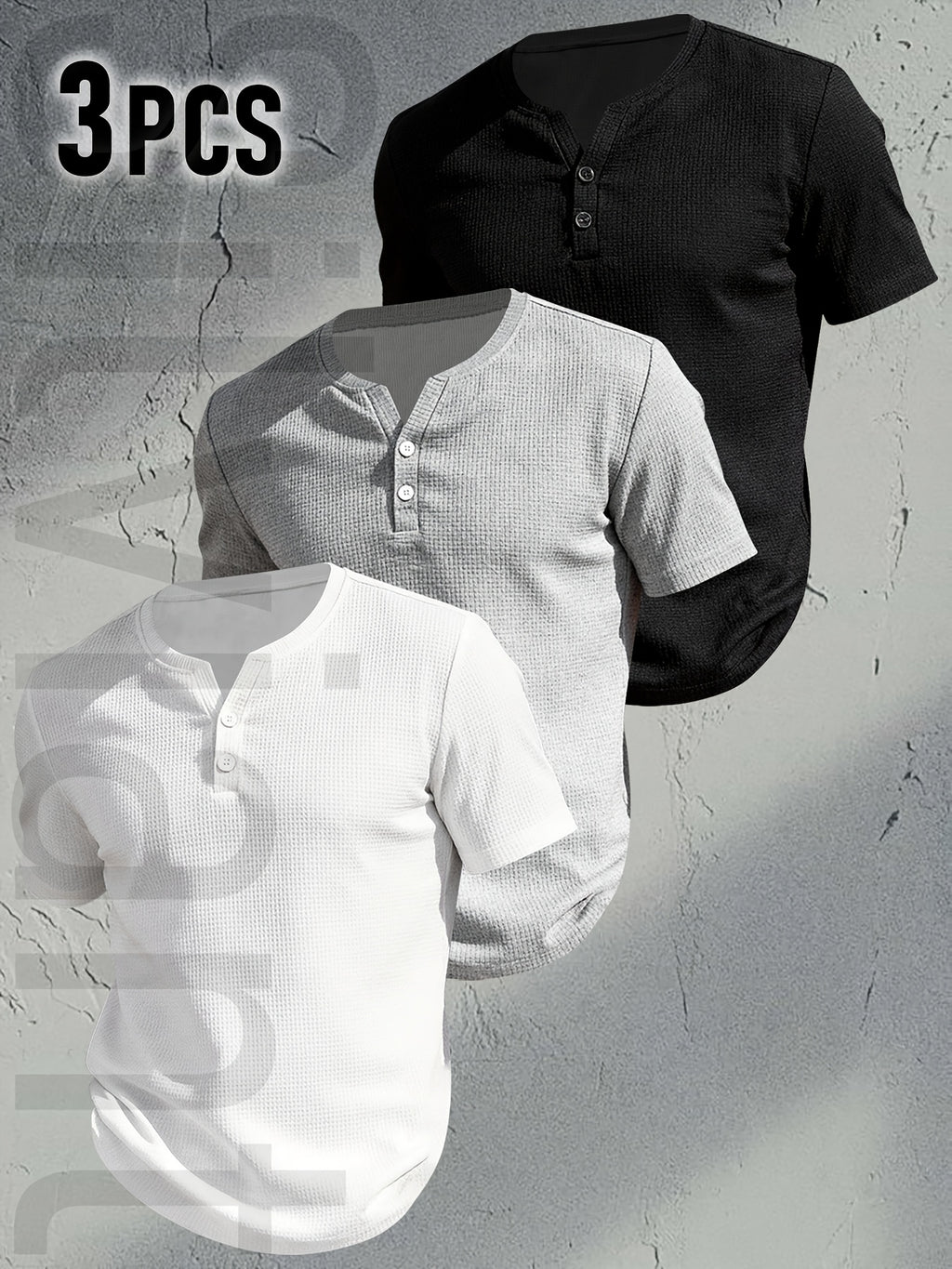 [Josh Mei OBM] 3pcs Men'S Henley Short Sleeve T-Shirt, Breathable Waffle Knit Casual Tee, Button Front Summer Top, Lightweight Solid Color Round Neck, Machine Washable for Daily Wear - Mixed colors