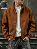 Men's Solid Color Stand Collar Zipper Jacket, New Spring/Autumn Simple Casual Workwear Outerwear, Loose-Fitting Versatile Fashion Top with Inner Pockets, Elastic Cuffs and Hem, Men's Daily Commuter Jacket - Coffee Color