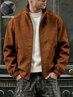 Men's Solid Color Stand Collar Zipper Jacket, New Spring/Autumn Simple Casual Workwear Outerwear, Loose-Fitting Versatile Fashion Top with Inner Pockets, Elastic Cuffs and Hem, Men's Daily Commuter Jacket - Coffee Color