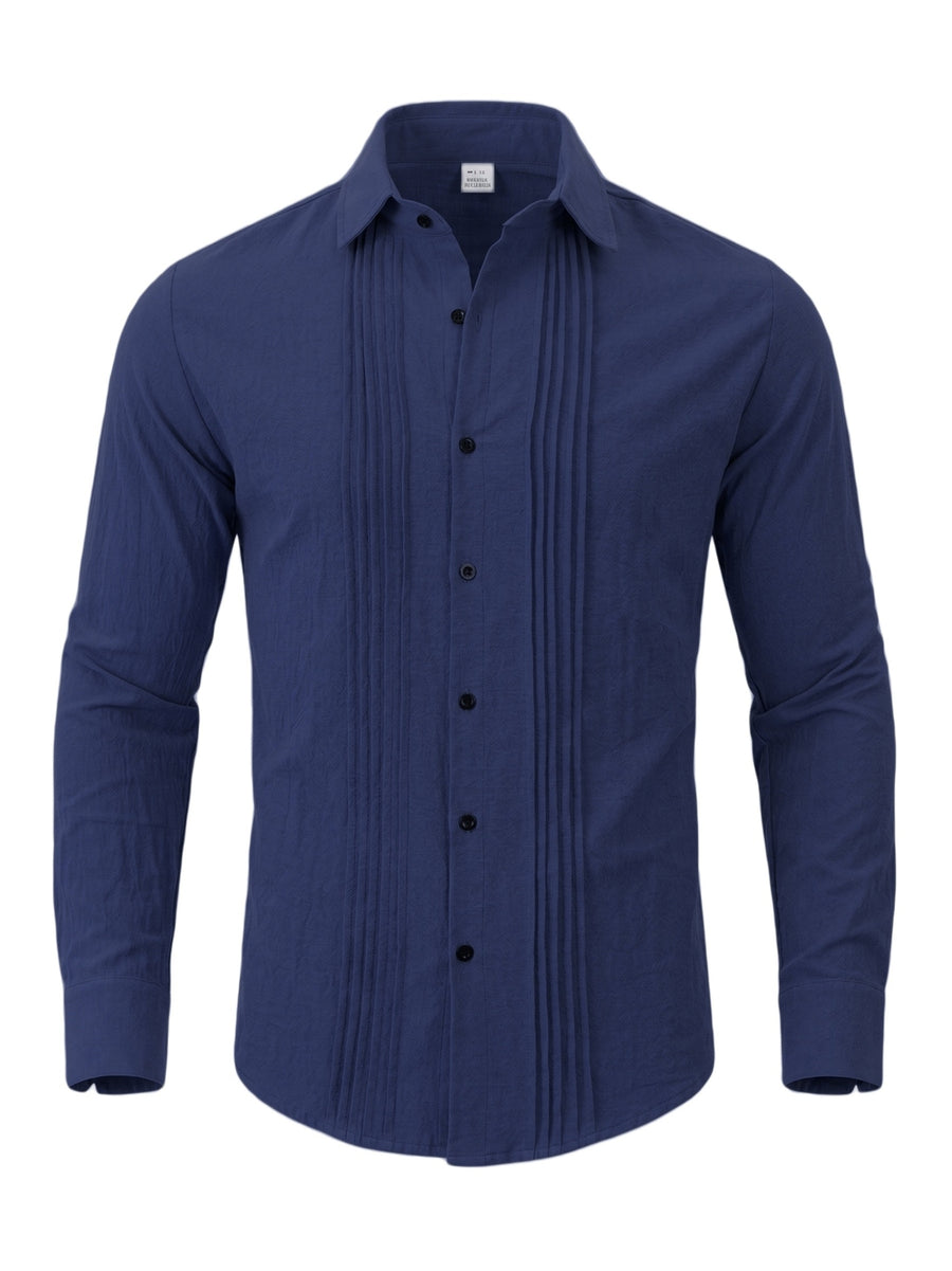 Men'S Fashion Top, Long Sleeve Gualabera Shirt with Pleated Front, Casual Shirt for Vacation, All-Season Casual Style - Navy Color