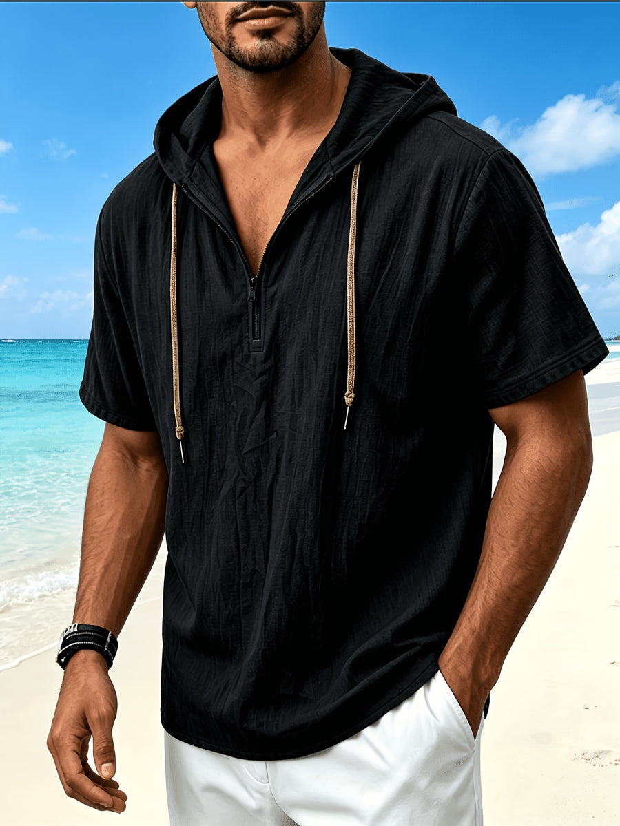 Men'S Linen Hooded Short Sleeve T-Shirt, Lightweight Breathable Ice Cool Half-Zip Design, Casual Solid Color Loose Top, Summer New Multicolor Optional, Versatile Hoodie - Black