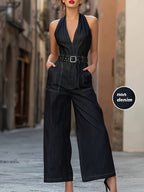 [Printed Pants - Not Denim Fabric] Vintage Deep V Halter Jumpsuit, Fashionable Casual Straight-Leg Trousers, Non-Denim - Black
