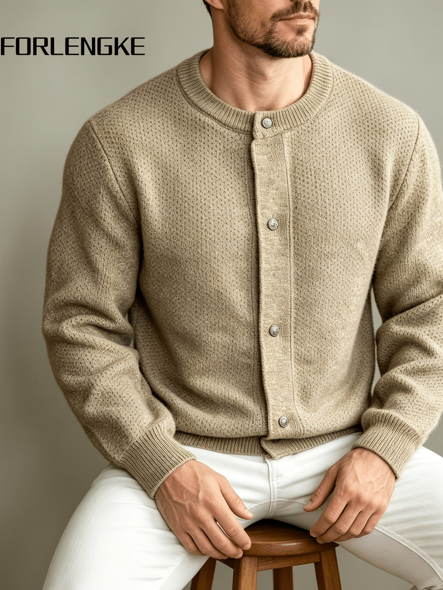 FORLENGKE Men's Crew Neck Knit Cardigan, New Spring/Autumn Solid Color Sweater Outerwear, Simple Single-Breasted Casual Long Sleeve Top, Light Luxury Versatile Loose-Fit Outer Knit Jacket for Men's Commuting Outfits - Clip Flower Coffee