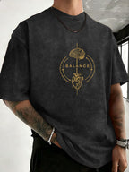 Men's 100% Cotton Washed Distressed Crew Neck Short-Sleeve T-Shirt, Balance Brain Heart Graphic Double-Sided Print, Trendy Loose Casual Tee Tops, 12 Colors Available - Black