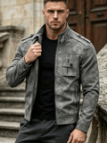 Spring Autumn Retro Distressed PU Jacket, Suitable for Biker, Outings, And Dates, Multi-Pocket Zipper Fashion Stand-Collar Versatile Coat - Grey