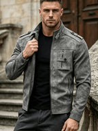 Spring Autumn Retro Distressed PU Jacket, Suitable for Biker, Outings, And Dates, Multi-Pocket Zipper Fashion Stand-Collar Versatile Coat - Grey