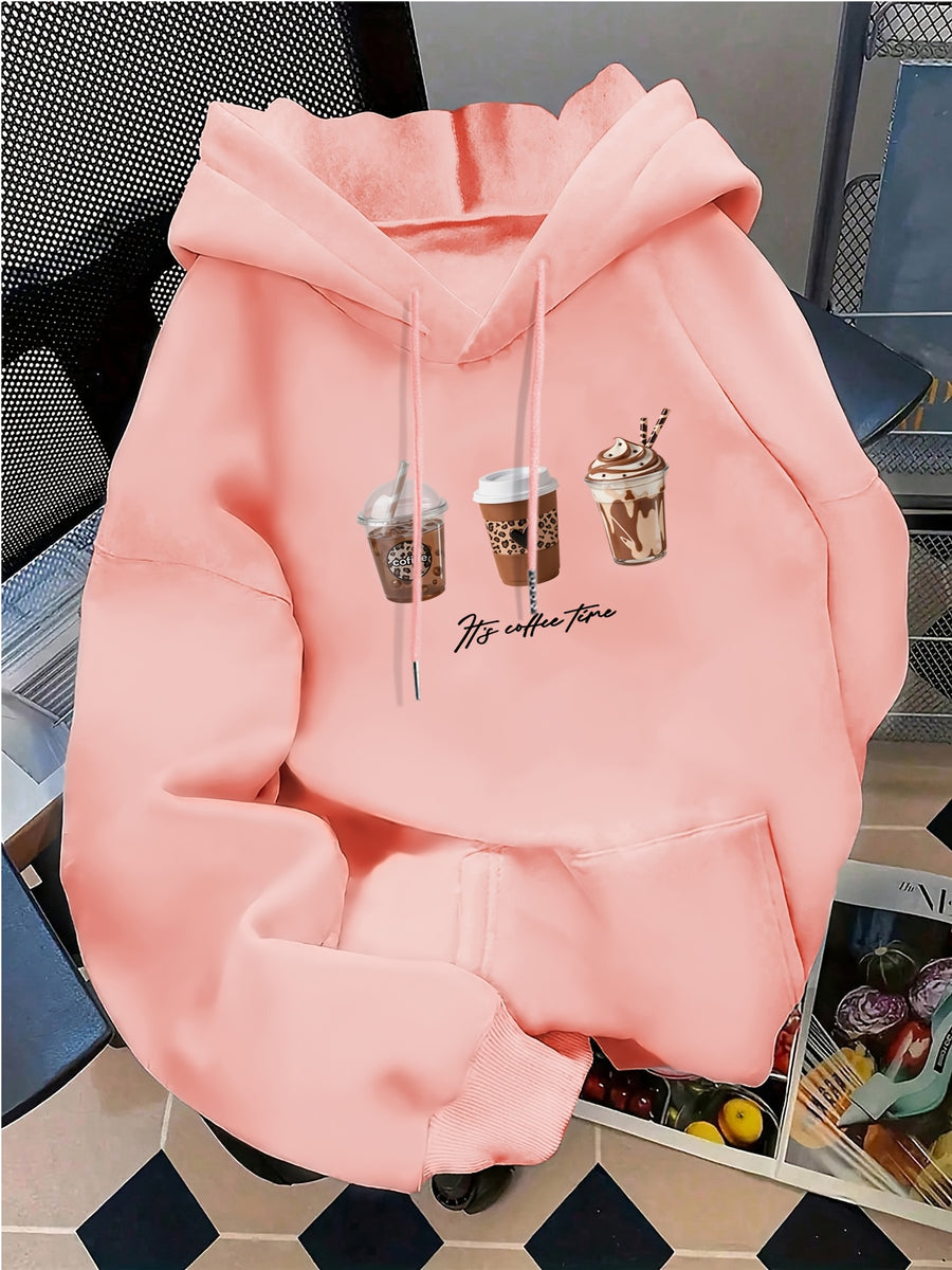 Women's Fashion Hoodie with Three Cups of Coffee H's COFFE TIME Print Kangaroo Pocket Long Sleeve Sweatshirt for Autumn and Winter, Ideal for Daily Casual Wear, Outings, and Parties - Peach