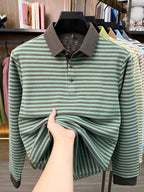 Men's Thin Striped Lapel Long Sleeve Polo Top, Wrinkle Free Loose Casual Long Sleeve T-Shirt, Business Basic Apparel for Middle-aged Dads, Spring Autumn Clothes for Golf, Fishing, Tennis Daily Wear - Emerald Green