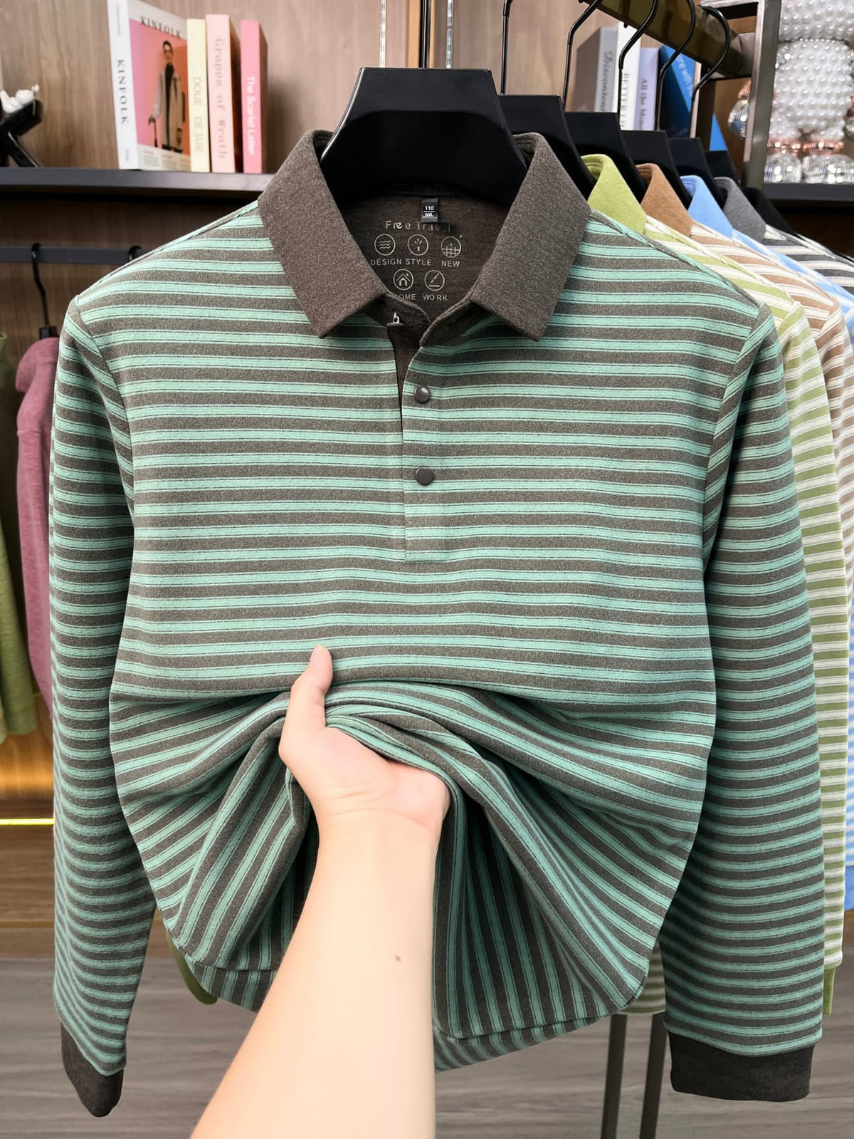 Men's Thin Striped Lapel Long Sleeve Polo Top, Wrinkle Free Loose Casual Long Sleeve T-Shirt, Business Basic Apparel for Middle-aged Dads, Spring Autumn Clothes for Golf, Fishing, Tennis Daily Wear - Emerald Green