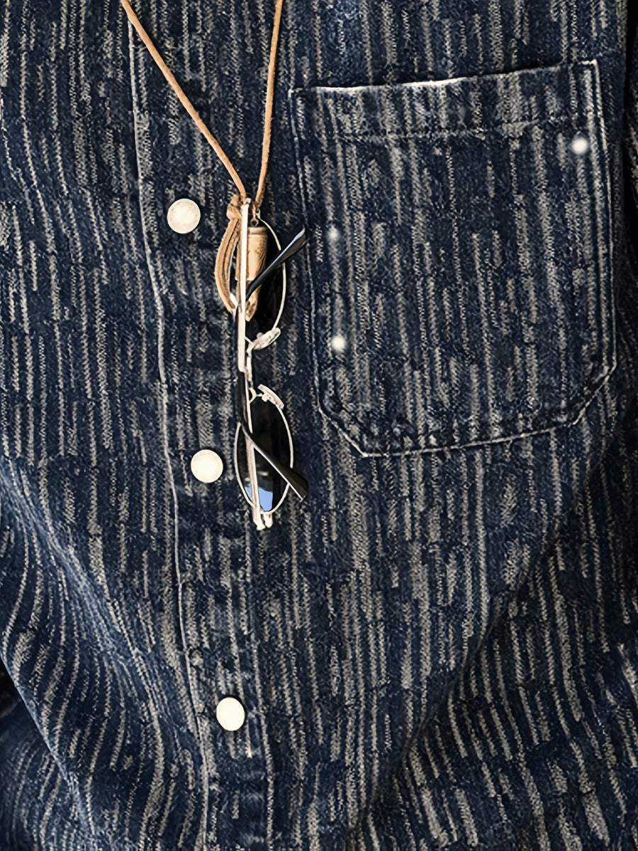 New American-Style Casual Vintage Streetwear Brand Loose Vertical Stripe Long-Sleeve Men's Denim Top - Dark Blue