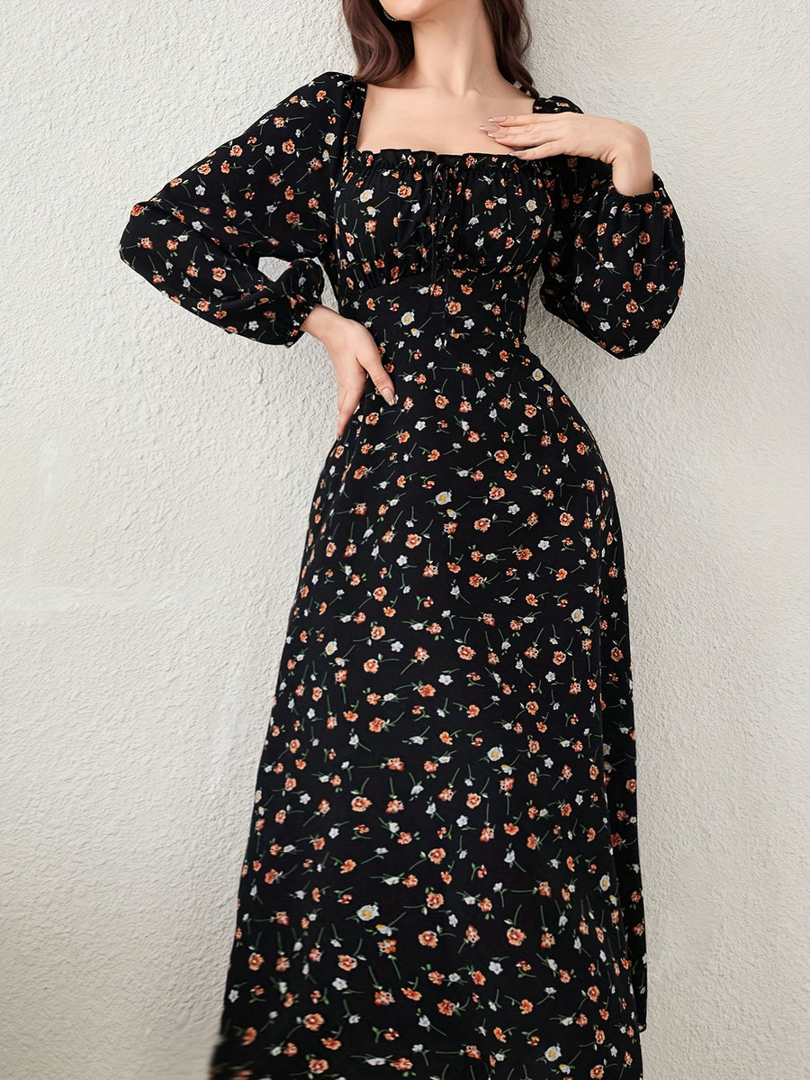Vacation Style Floral Print Square Neck Lantern Sleeve Spring/Autumn Women'S Dress - Black