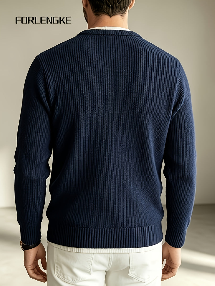 FORLENGKE Men'S Faux 2pcs V-Neck Sweater Autumn New Heavyweight Thick Needle Color-Block Knitwear, Easy Small V-Neck Design Creating Layered Look, Soft And Thick Fabric Comfortable And Skin-Friendly, Loose And Versatile Fit - Navy Color