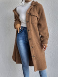 French Style Drop Shoulder Lapel Detail Plush Long Coat Women'S Solid Color Warm Trench Coat - Khaki