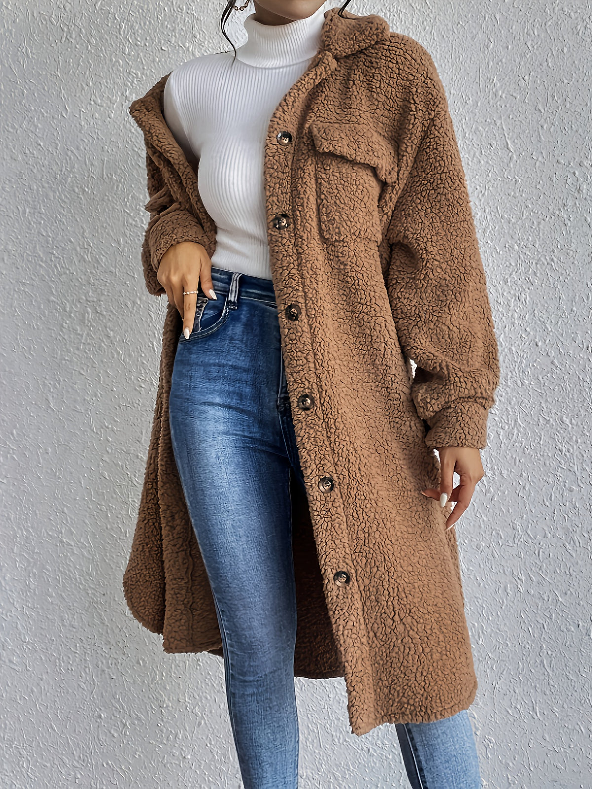 French Style Drop Shoulder Lapel Detail Plush Long Coat Women'S Solid Color Warm Trench Coat - Khaki