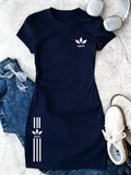 Summer Elegant Women's Pure Short-sleeve Dress, Y Casual Style, Clover Stripe Print Short-sleeve Top. 100% Round-neck Short-sleeve T-shirt, Machine Washable, Comfortable and Versatile. Breathable, Skin-friendly, Easy to Care for, Soft and Smooth. - Navy Color