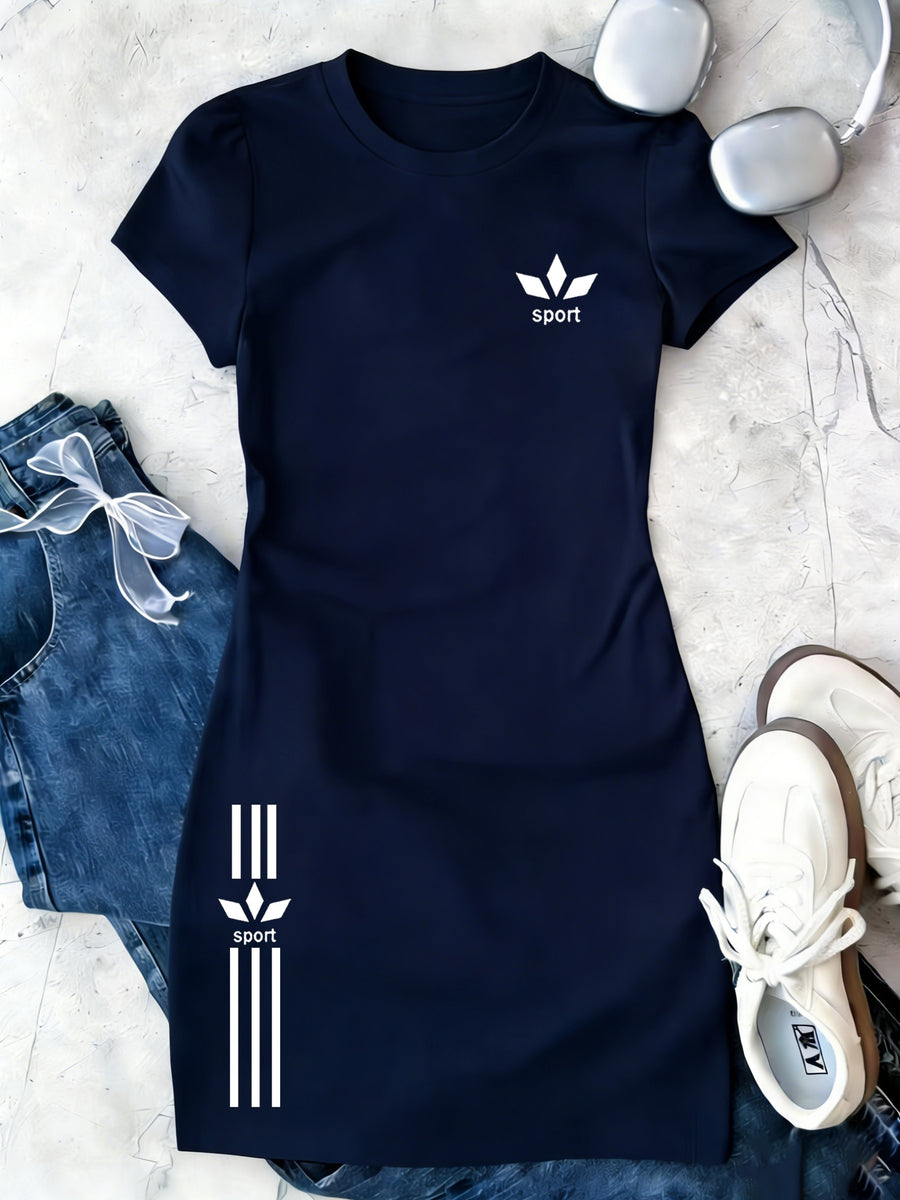 Summer Elegant Women's Pure Short-sleeve Dress, Y Casual Style, Clover Stripe Print Short-sleeve Top. 100% Round-neck Short-sleeve T-shirt, Machine Washable, Comfortable and Versatile. Breathable, Skin-friendly, Easy to Care for, Soft and Smooth. - Navy Color