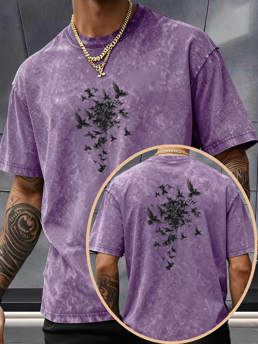 Short Sleeve Top, Pure Washed Distressed Loose Short Sleeve, Raven Flying Bird Front And Back Trendy Print Casual Match, American Street High Street Hip-Hop Couple Style, Daily Outing Commute Sports Fitness Street Style Y2K National Trend T-Shirt - Purple