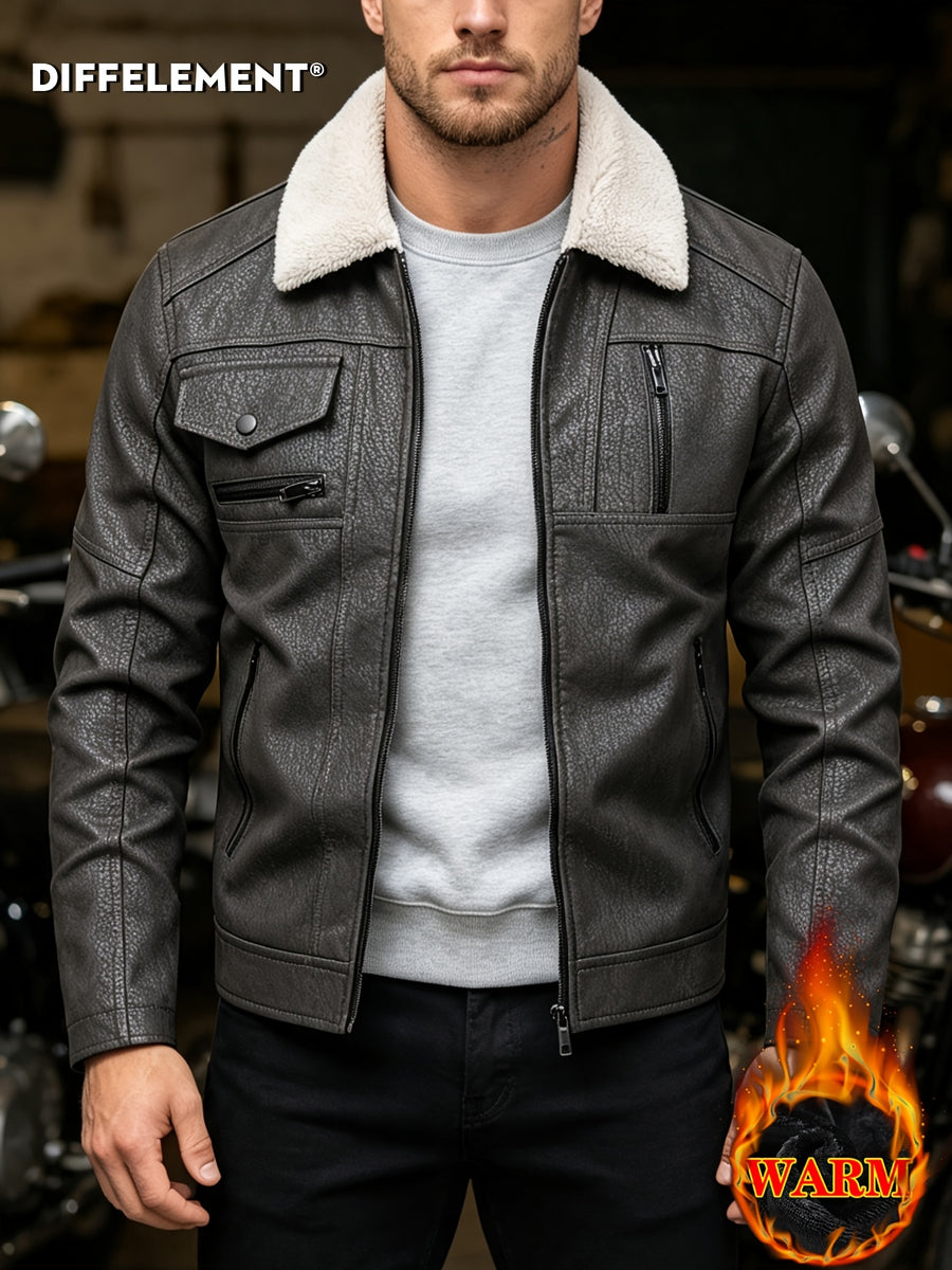 Men's Plush Lapel -Lined PU Motorcycle Jacket with Thickened Warm Lining, Vintage Texture Fabric, Multiple Zipper Pockets, Slim Fit Short Style, Autumn/Winter Riding Commuting American Casual Wear, Wear-Resistant and Windproof Lapel Outerwear Winter - Dark Gray